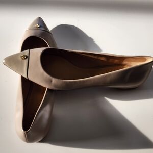 Tory Burch Nude Pointed-Toe Ballet Flats with Gold Logo